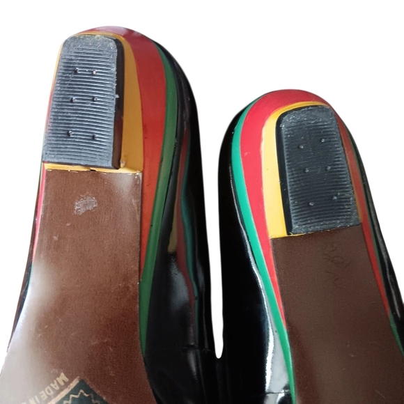 Vintage 80s Selby Black Patent Leather W Colorful Geometric Design 8 Narrow - Picture 6 of 10